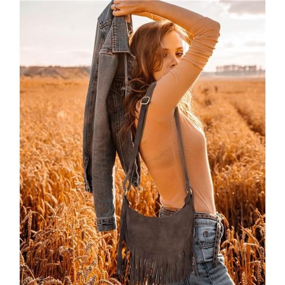 Boho Fringe Purse Small Crossbody Hobo Bags for Women Vegan Suede Western - Picture 2 of 6
